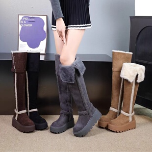 过膝高筒靴雪地靴女2025新款 保暖加绒女靴两穿厚底增高长靴子 冬季