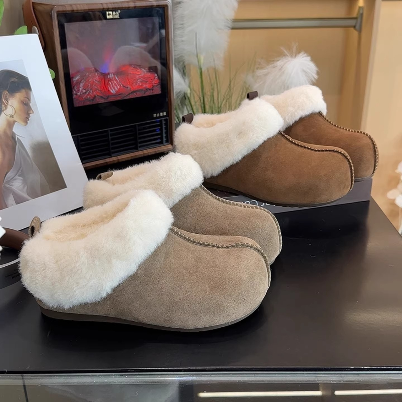 厚底增高包头毛毛勃肯鞋拖鞋半拖冬季加绒2025新款勃肯女鞋冬棉鞋