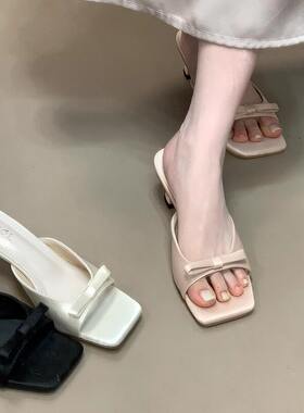 夏季法式蝴蝶结粗高跟一字拖女