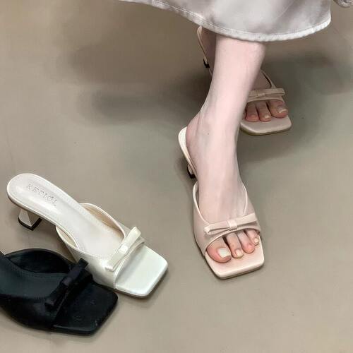 夏季法式蝴蝶结粗高跟一字拖女