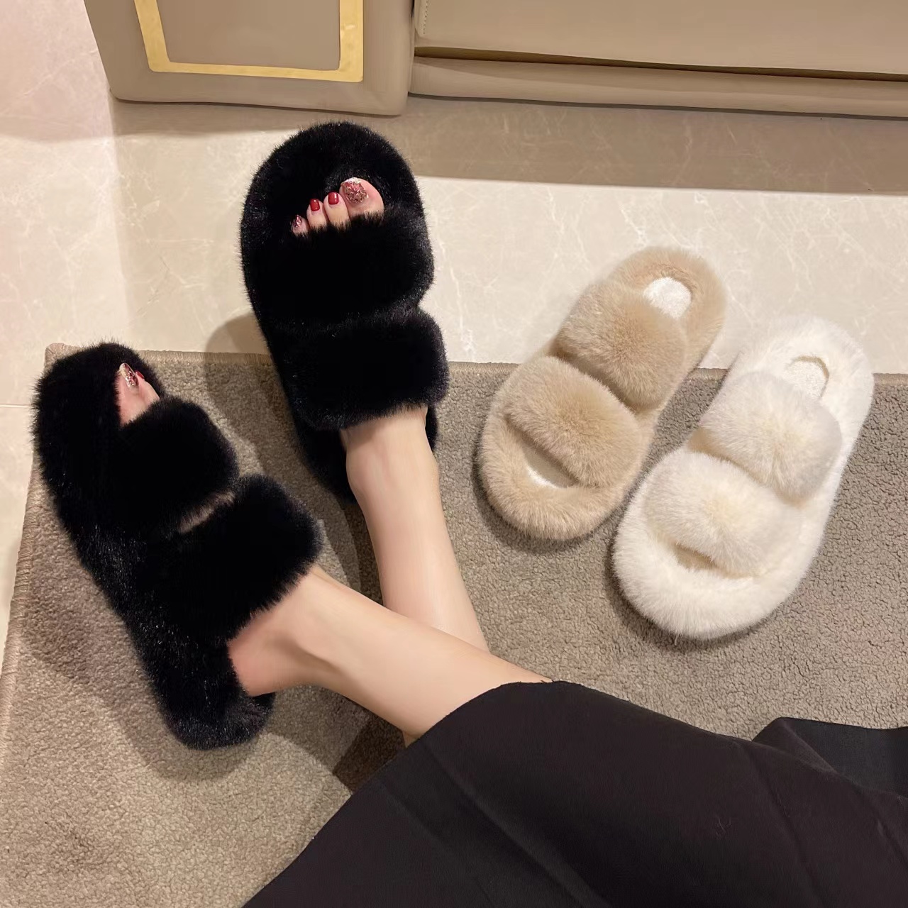 加绒保暖厚底毛毛拖鞋女外穿