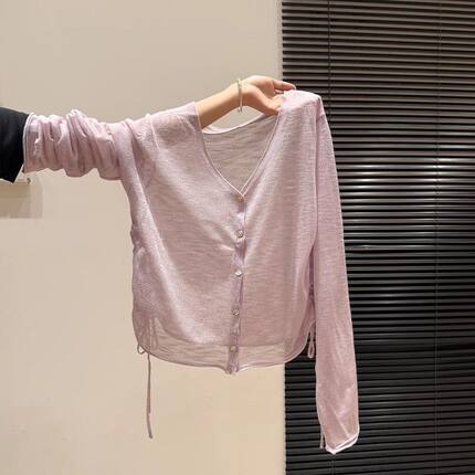 2026V领薄款防晒针织长袖开衫女潮夏季新款抽绳薄款抽绳通勤上衣