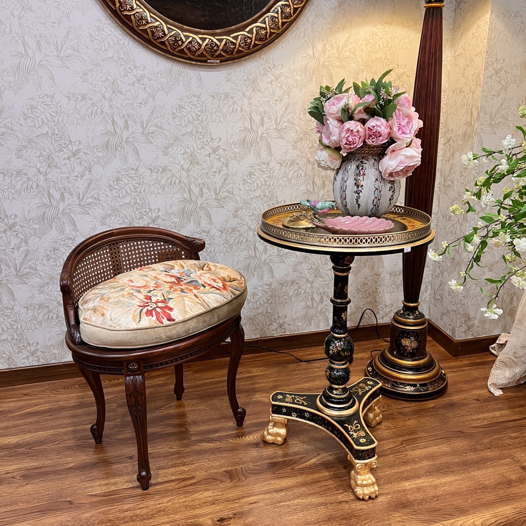 美式复古桃花芯木进口印花布料鹅绒坐垫雕花小凳沙发凳