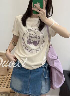 Duoxi+“字母樱桃”F138#夏季满分雪花棉印花圆领百搭短袖T恤衫