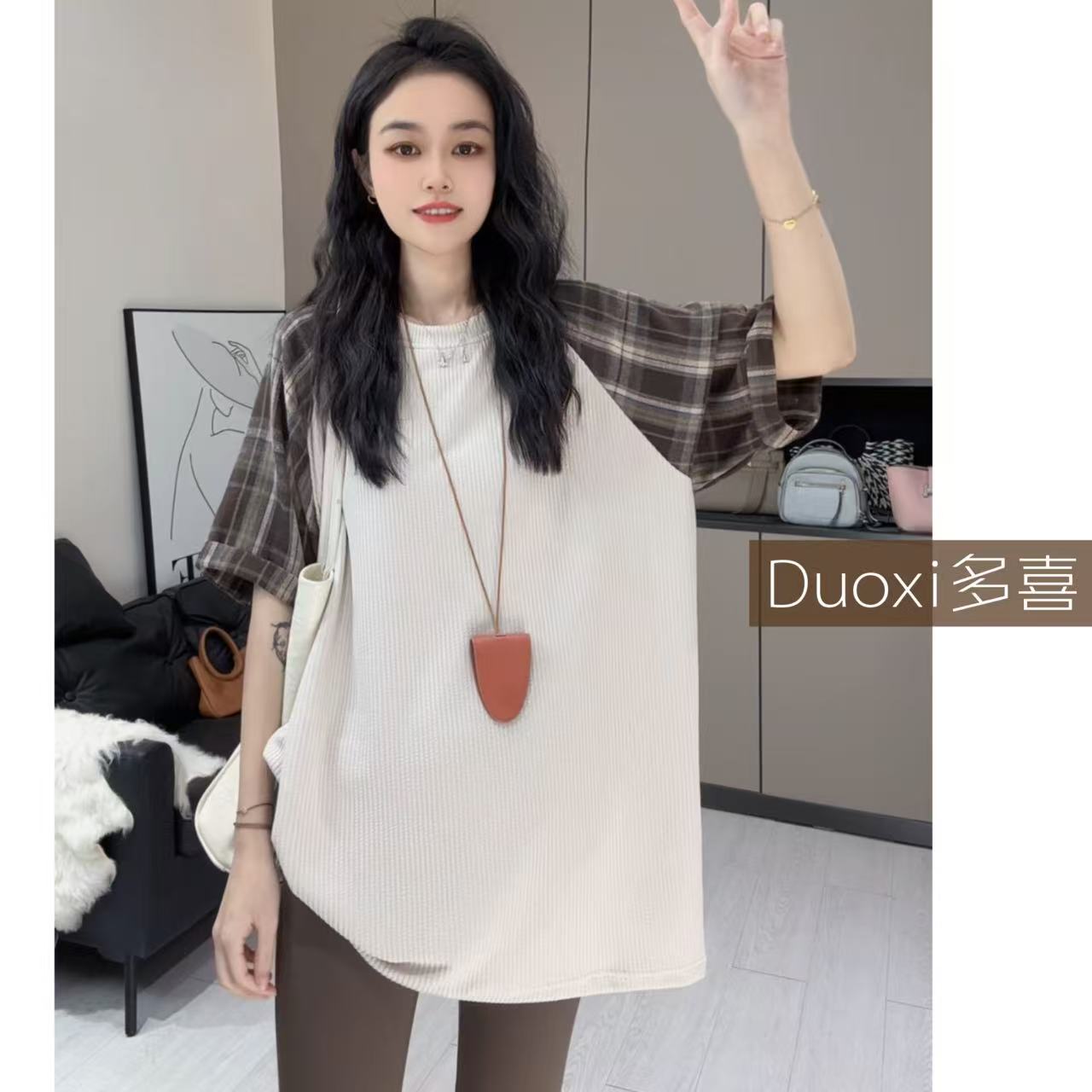 Duoxi+“格子短袖”T恤女春夏新款时尚休闲简易宽松上衣服G503#