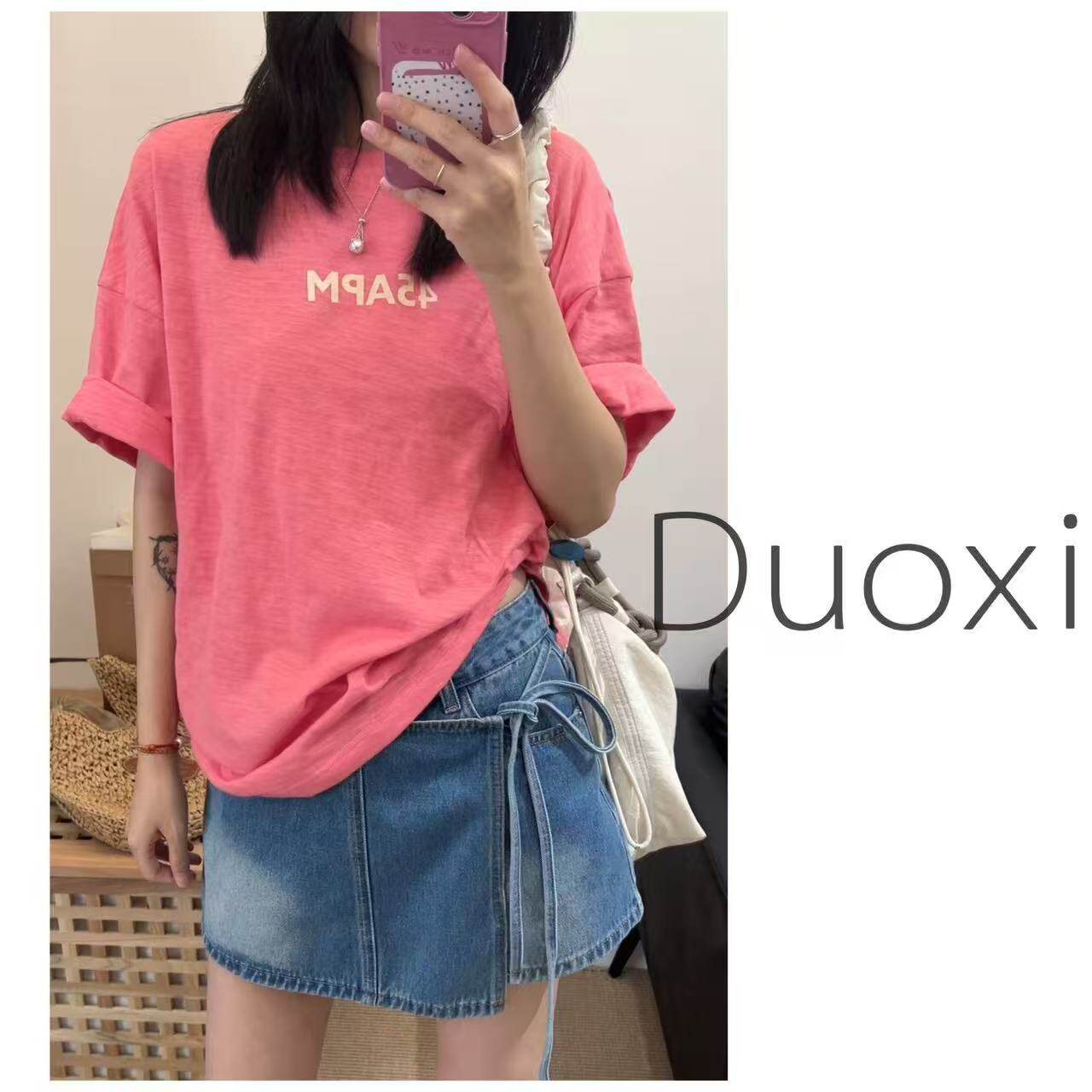 Duoxi+"45APM"F112# 满分100%棉竹节平纹圆领百搭短袖印花T恤衫