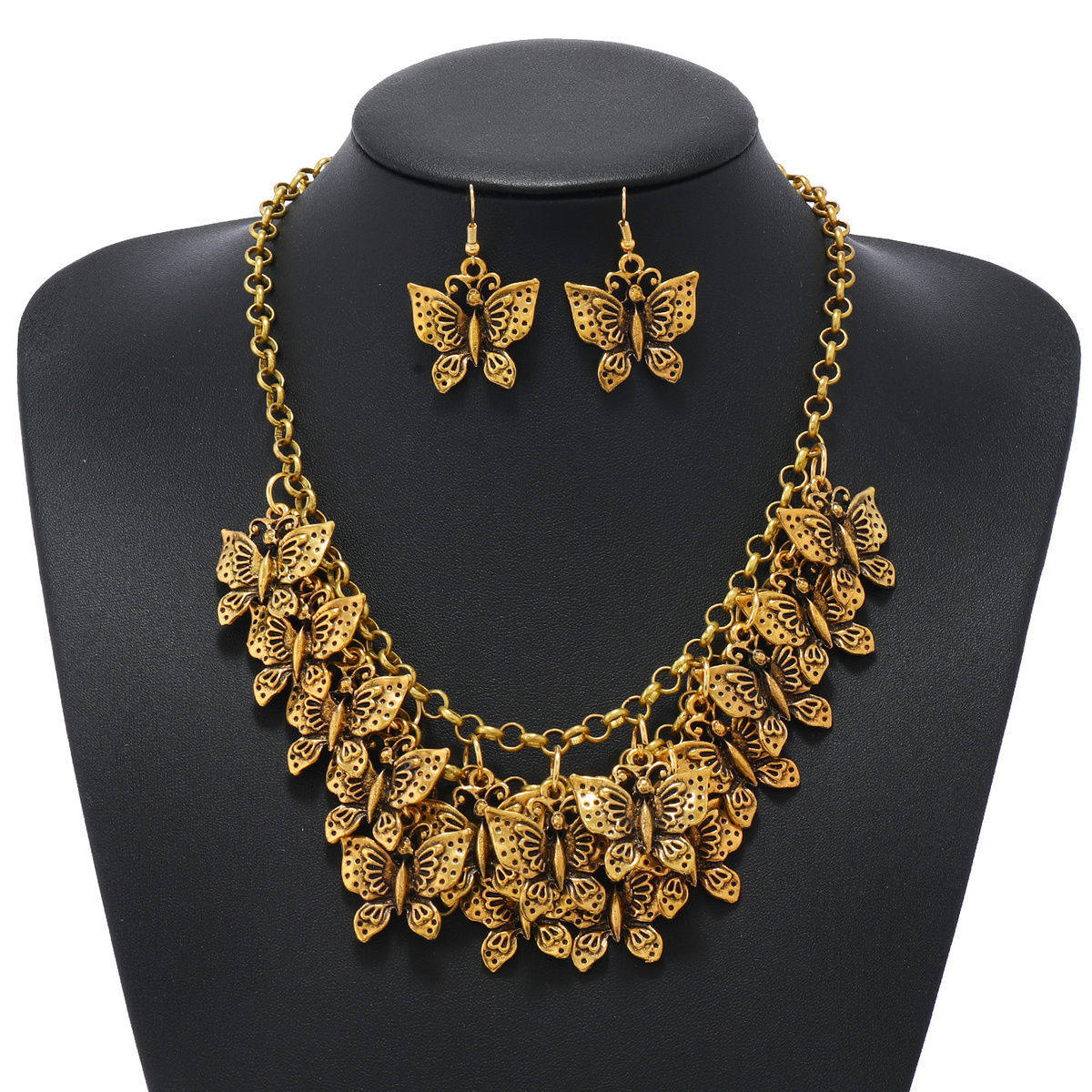 欧美复古蝴蝶吊坠项链耳环套装女金属链条时尚个性网红街拍配饰品