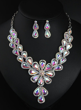 水晶水钻合金水波链女项链套装