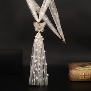 时尚百搭网纱蕾丝蝴蝶毛衣链女气质仙仙的珍珠亮片吊坠项链配饰品