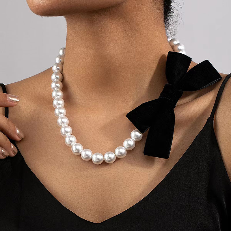 时尚简约丝绒蝴蝶结装饰项链珍珠串珠复古个性优雅礼服旗袍配饰品