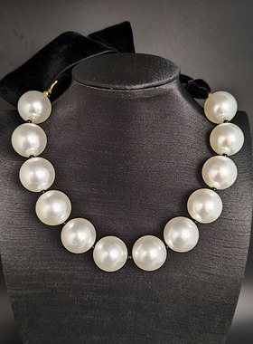 欧美夸张珍珠丝绒缎带蝴蝶结女颈链法式复古短项链穿搭旅拍配饰品