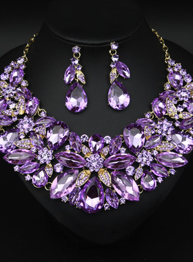 晚宴奢华水钻花朵项链耳环套装女
