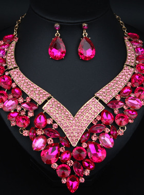 时尚夸张水钻宝石满钻新娘宴会礼服饰品项链耳环套装演出拍摄配饰