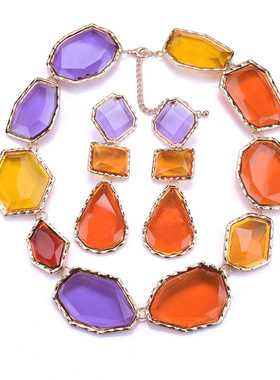 欧美夸张几何彩色树脂短项链耳环女气质百搭首饰套装网红潮搭配饰