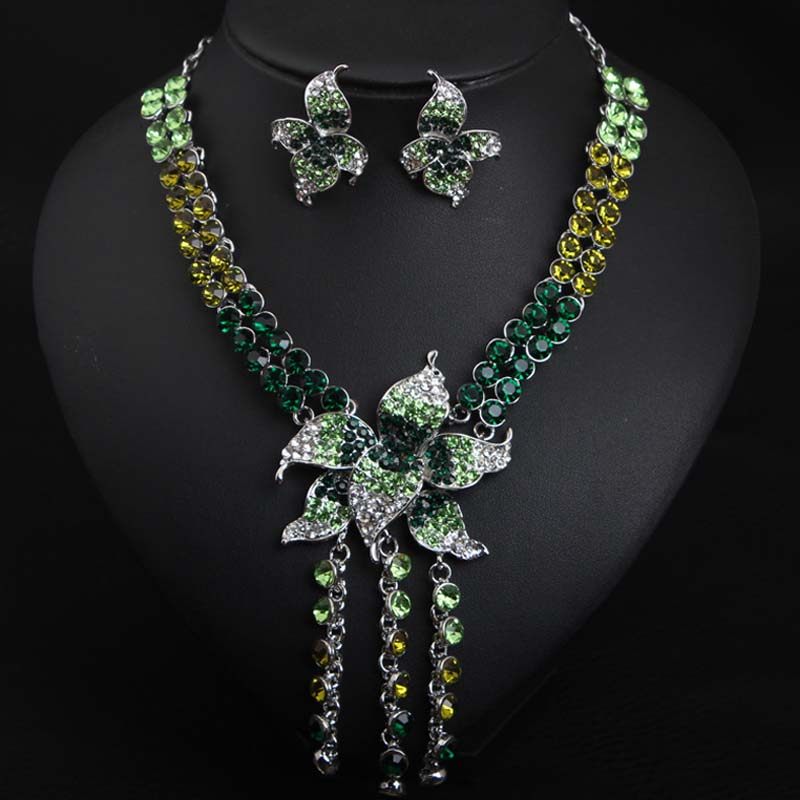 夸张首饰套装女欧美时尚水晶流苏吊坠宝石耳环锁骨项链套装配饰