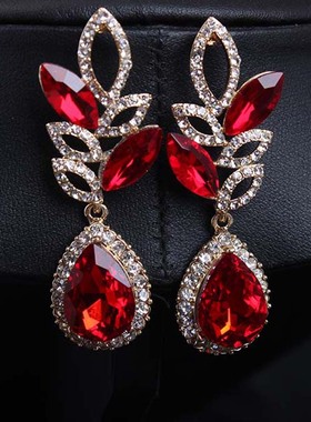 欧美时尚 奢华红色水滴水晶宝石耳坠气质耳环 夸张女礼服晚宴耳饰