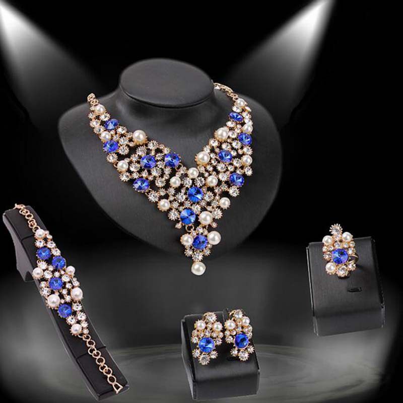 包邮 欧美夸张珍珠蓝宝石锁骨项链耳环四件套 结婚宴会礼服配饰品