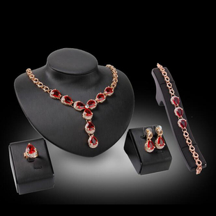 新娘礼服宴会红色宝石四件套 项链耳环手链戒指套装 欧美夸张配饰