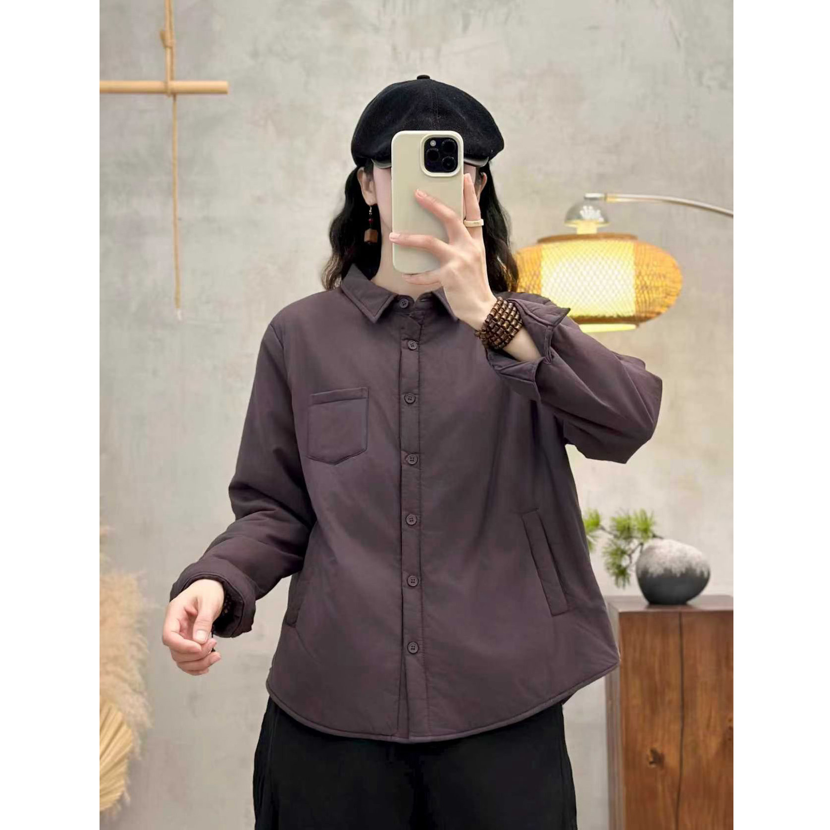 秋冬新款复古加厚夹棉长袖衬衫女宽松方领上衣休闲棉衣外套棉服女