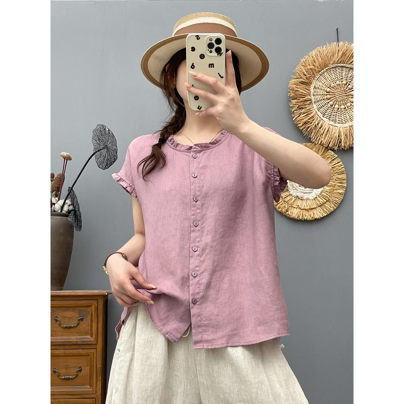 夏季薄款复古文艺花边领亚麻上衣女宽松休闲短袖衬衫时尚无袖衬衣