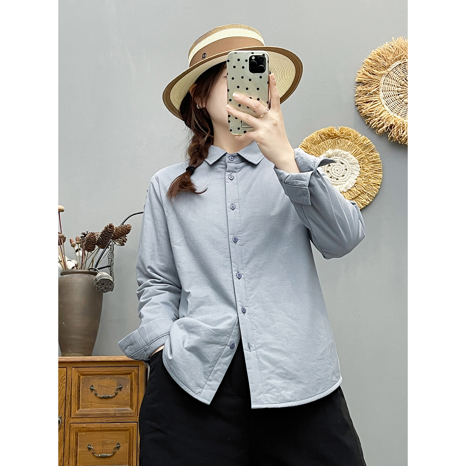 秋冬新款复古方领夹棉上衣女加厚长袖衬衫宽松休闲百搭棉衣外套女