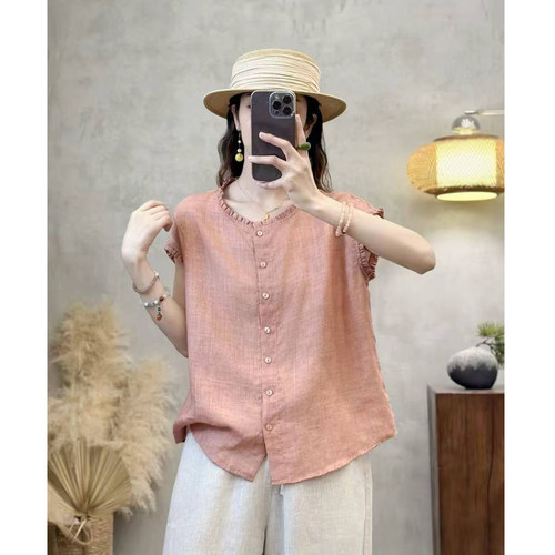 夏季薄款复古文艺花边领苎麻上衣女宽松休闲短袖衬衫百搭无袖衬衣