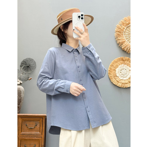 春季薄款复古文艺纯棉磨毛长袖衬衫女宽松方领休闲上衣百搭衬衣女