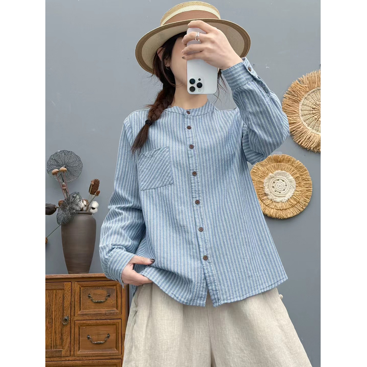 秋季新款立领条纹长袖衬衫女宽松显瘦纯棉上衣时尚百搭休闲衬衣女