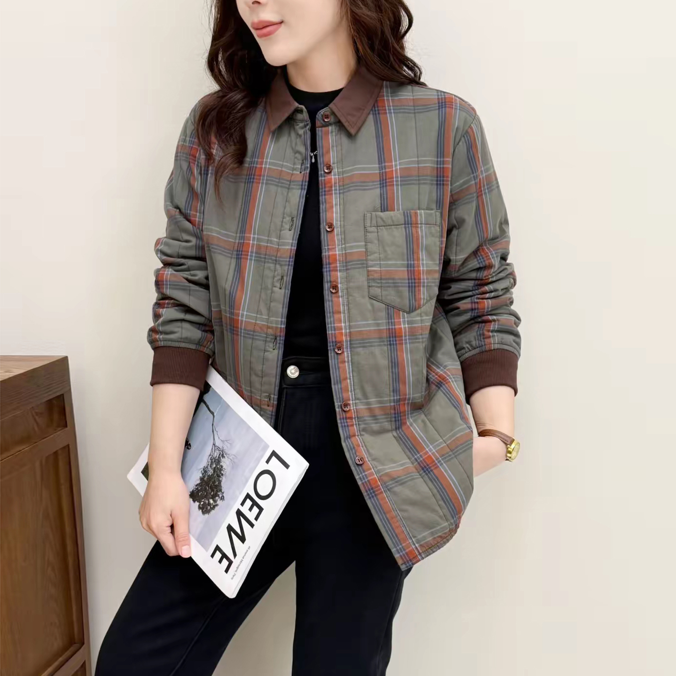 秋冬新款方领加厚夹棉上衣女长袖衬衫宽松休闲格子方领棉衣外套女