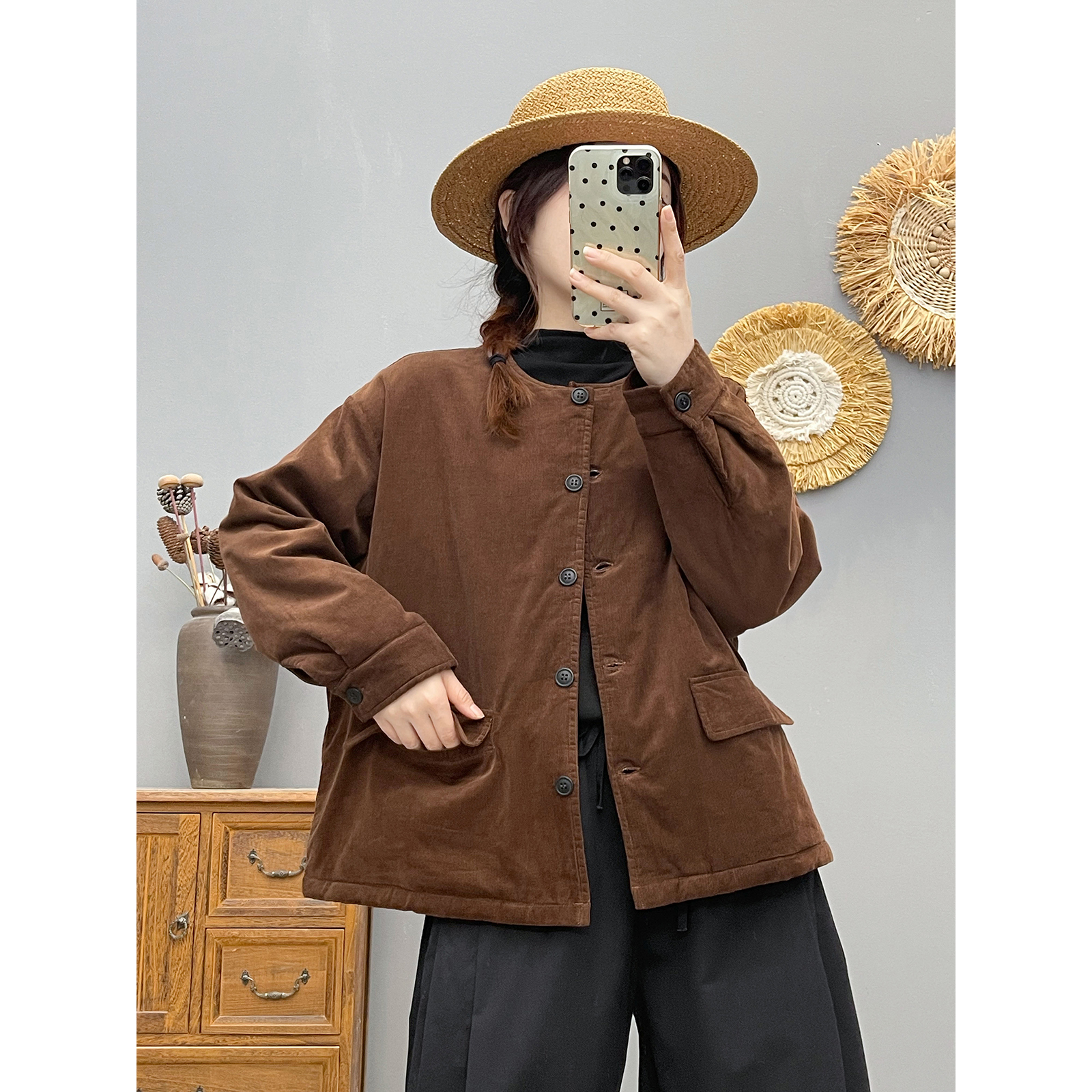 秋冬新款复古纯棉灯芯绒外套女圆领显瘦夹棉上衣休闲短款棉袄棉衣