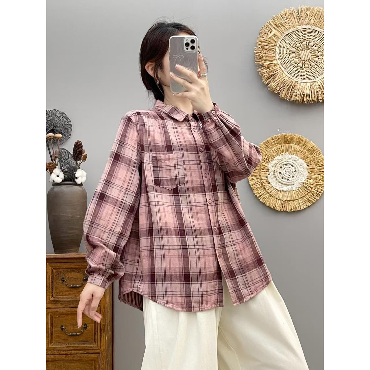 春夏薄款复古格子长袖衬衫女纯棉双层棉纱上衣宽松休闲百搭衬衣女