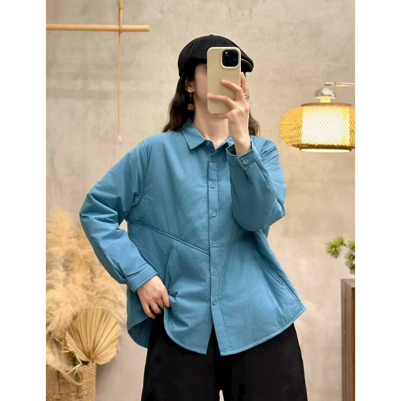 秋冬新款复古加厚夹棉长袖衬衫女宽松显瘦方领上衣休闲棉衣外套女