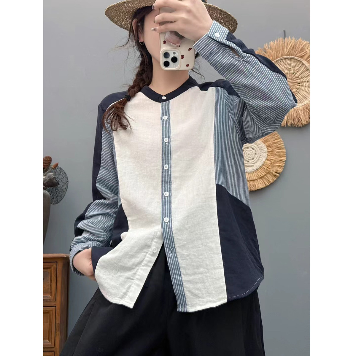 春秋薄款立领长袖衬衫女拼接条纹纯棉棉纱上衣宽松百搭休闲衬衣女