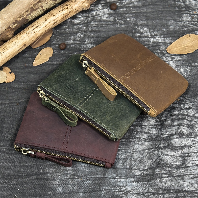 2025秋冬新款男士疯马皮零钱包简约小巧卡包头层牛皮拉链小钱袋