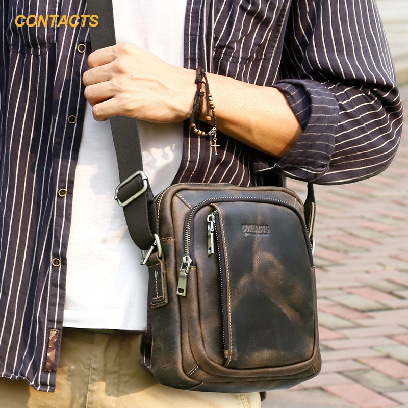 2025秋冬黑天使复古疯马牛皮男士斜挎包跨境潮流真皮男款单肩包