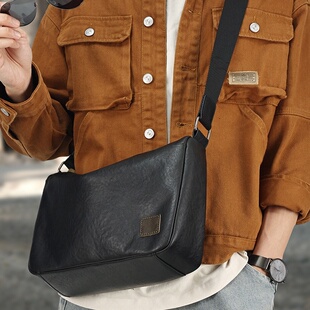 2026春夏头层牛皮男士斜挎包感真皮男包 大容量通勤机车包 跨境