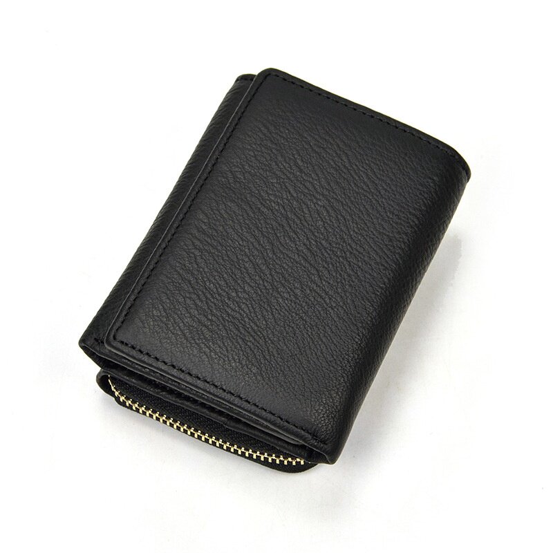 2026春夏日韩风真皮三折短款钱包头层牛皮拉链零钱包多卡夹相片位