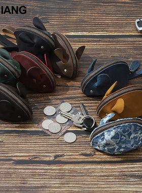 2025秋冬跨境新款真皮零钱包疯马皮老鼠卡通钥匙包多功能手拿收纳