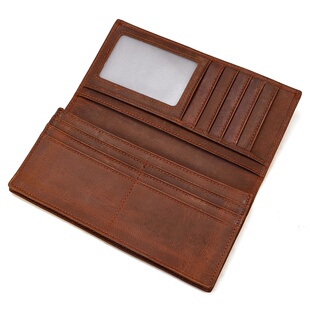 2026春夏疯马皮长钱包男士钱包真皮长款钱包头层牛皮多卡位二折钱