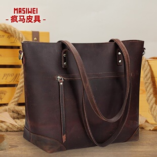 2026春季跨境热销疯马皮公文包 大容量女士单肩包头层牛皮商务通