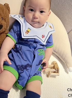 Chubby Cheeks婴儿夏季新款外贸纯棉男宝宝短袖连体衣爬服哈衣