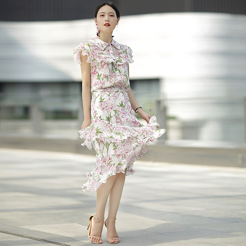 2020夏装新款时尚真丝套装短袖荷叶边衬衣鱼尾半身裙桑蚕丝两件套