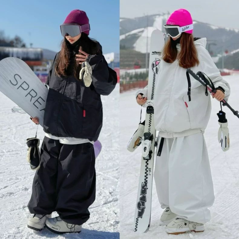 冬季情侣加厚加绒滑雪服涤纶面料防水保暖宽松版通用设计滑雪套装