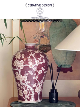 新中式“意式东方”古董中古风陶瓷花瓶手绘撞色家居艺术装饰摆件