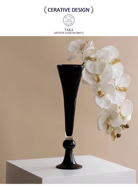 轻奢风中古花瓶小众设计黑色法式高脚花器两用客厅高级感琉璃摆件