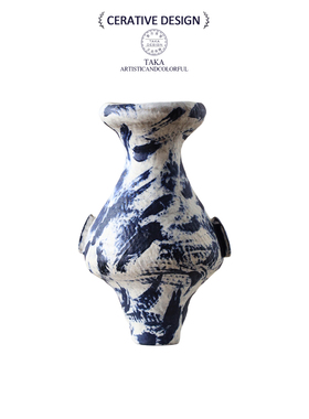 大丹陶瓷 正品艺术家复古抽象陶瓷花瓶蓝色艺术装饰摆件小众家居