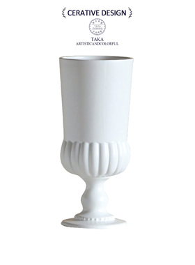 法式复古白色高脚花瓶陶瓷竖纹客厅复古装饰摆件艺术小众设计感