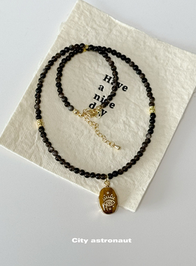 黑曜石原创设计天然石串珠项链黄色琥珀石女小众高级感锁骨链细链