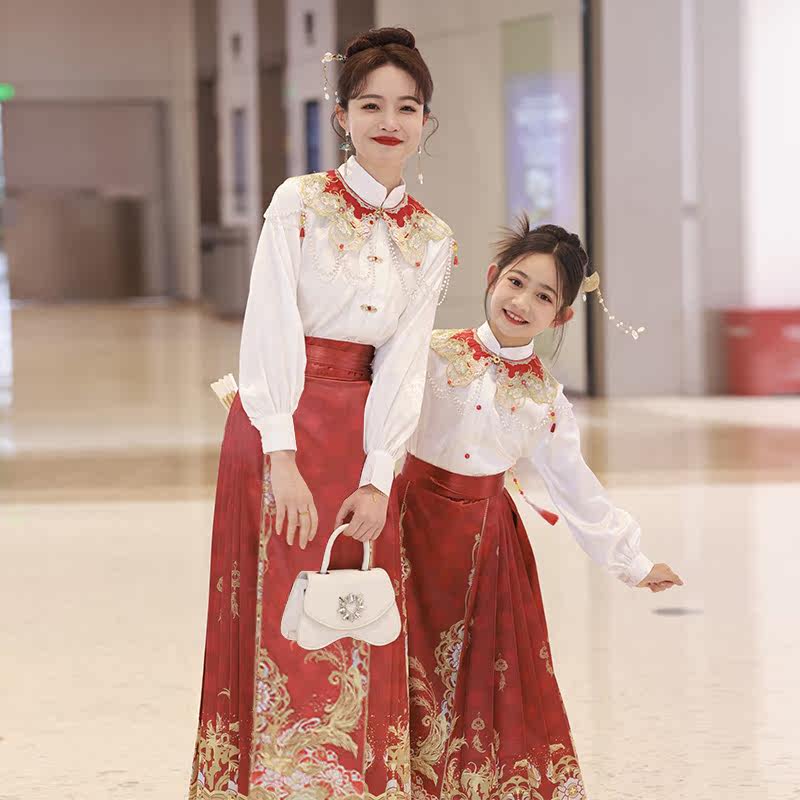 女童汉服亲子马面裙套装2026新款国风明制母女唐装云肩半身裙春秋