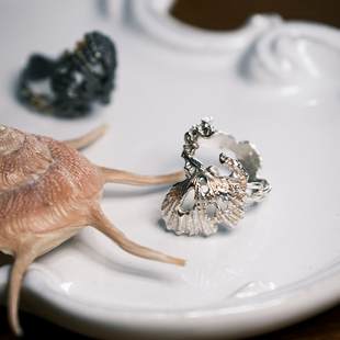 鐦KAI原创设计s925纯银 黑金色海洋系列贝壳戒指 设计师小众银饰